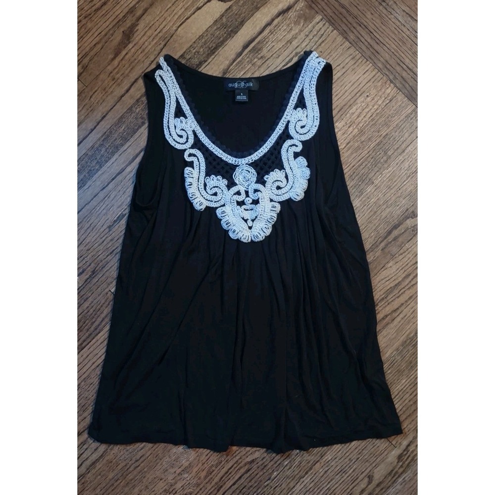 August Silk Womens Small Black Embroidered Bib Tank Top Sleeveless V-Neck‎ Rayon